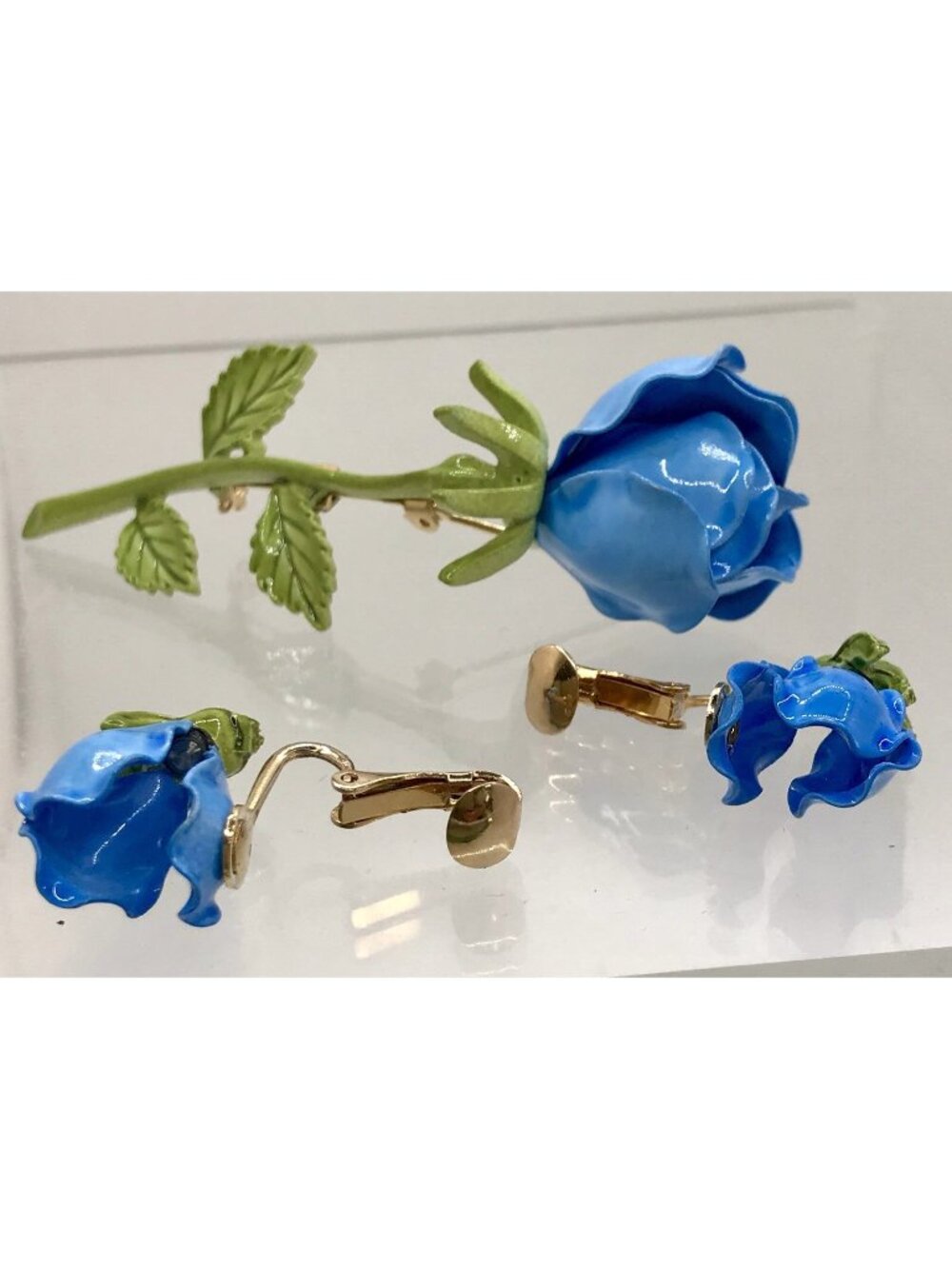 Vtg Coro Blue Enamel Rose Flower Clip Earrings Brooch Set Antq Jewelry Signed